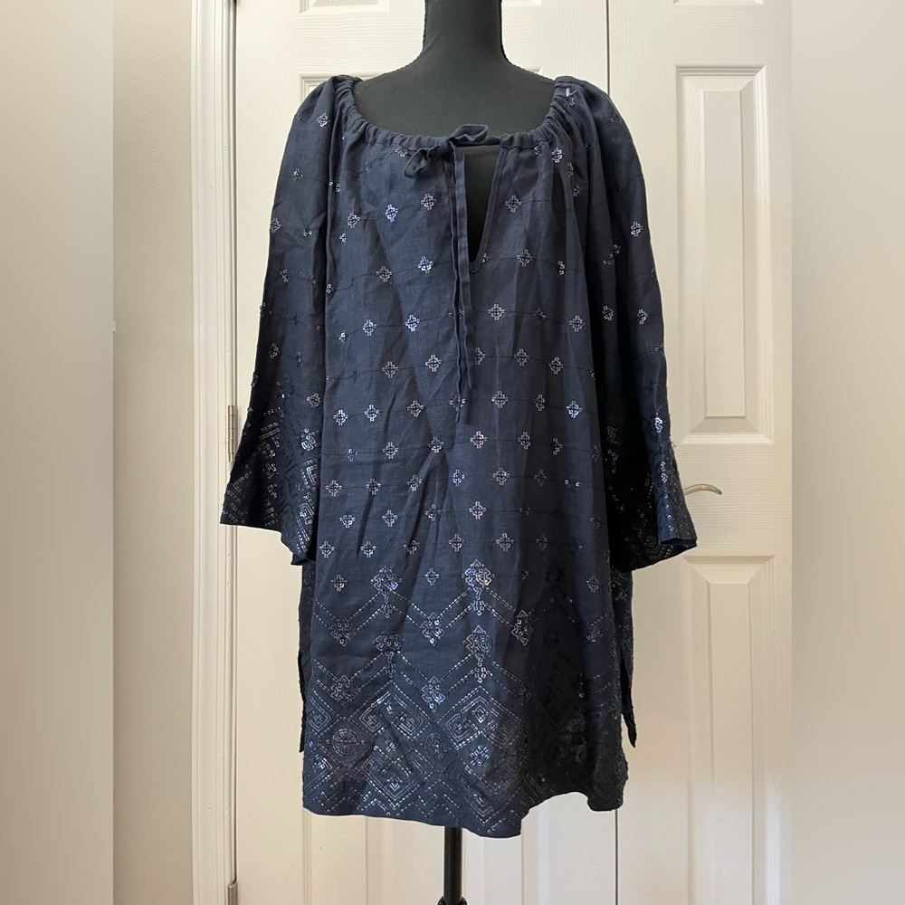 Lafayette 148 Linen Sequined Tunic Top Oversized Size 16